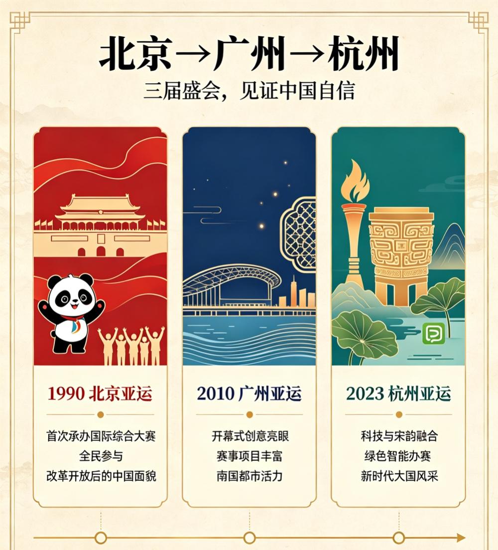 北京→广州→杭州，我国三届亚运会，每一届都意义非凡。

我国先后在北京、广州、杭