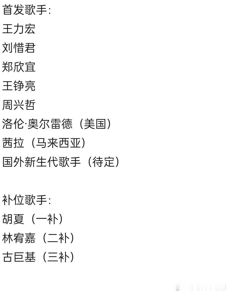 歌手2026首发歌手、补位歌手阵容推荐大家觉得如何？（注：只是推荐，最终阵容以节