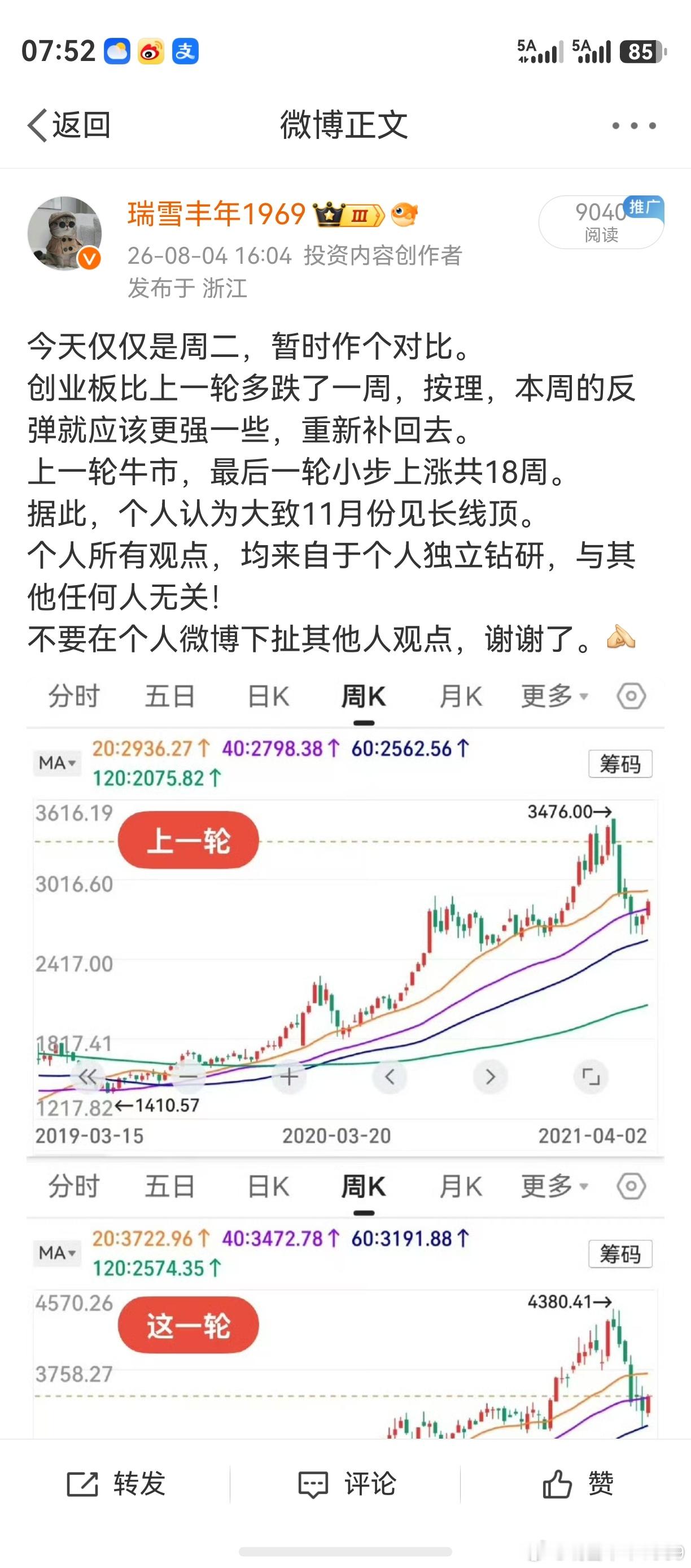 个人看法及理由，都写在了微博上。创业板上周反弹更强一些，重新补回来了。一场模仿秀