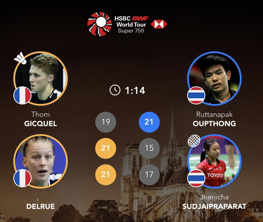 吉凯尔/德尔吕🇫🇷 19-21、21-15、21-17 🇹🇭鲁塔纳帕克/