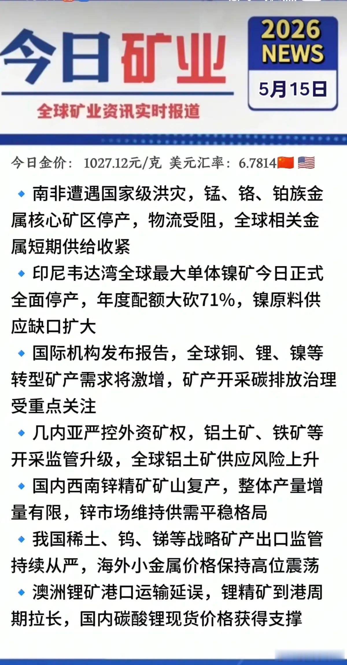 5.15周五  最新：有色金属+矿业新闻！1.锂  金属矿，反弹在即2.南非国家