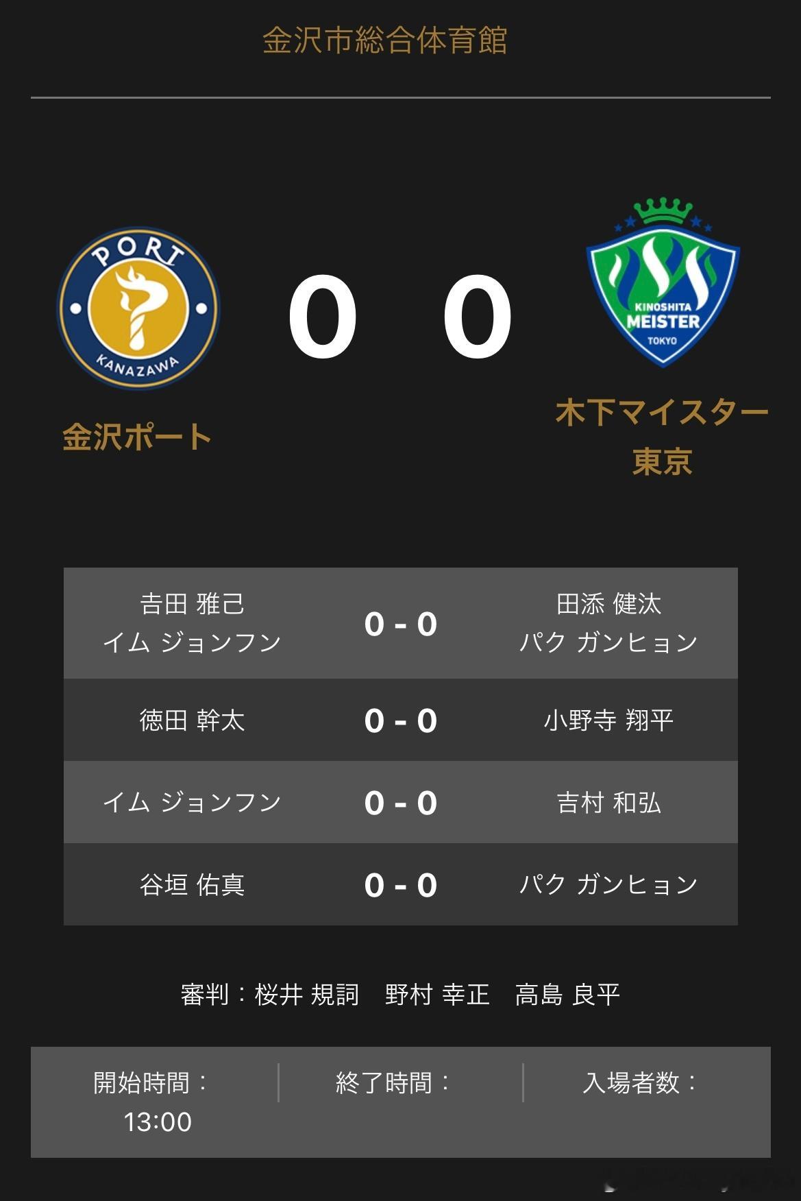 T联赛 10.12 12:00 金沢🆚木下东京 对阵表吉田雅己/林钟勋🆚田添