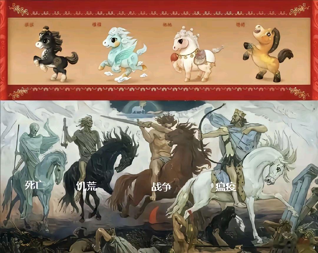 不懂哦，不懂艺术没有艺术细菌四匹马的颜色对应只有黄色马抬头张嘴只有白马有马鞍只有