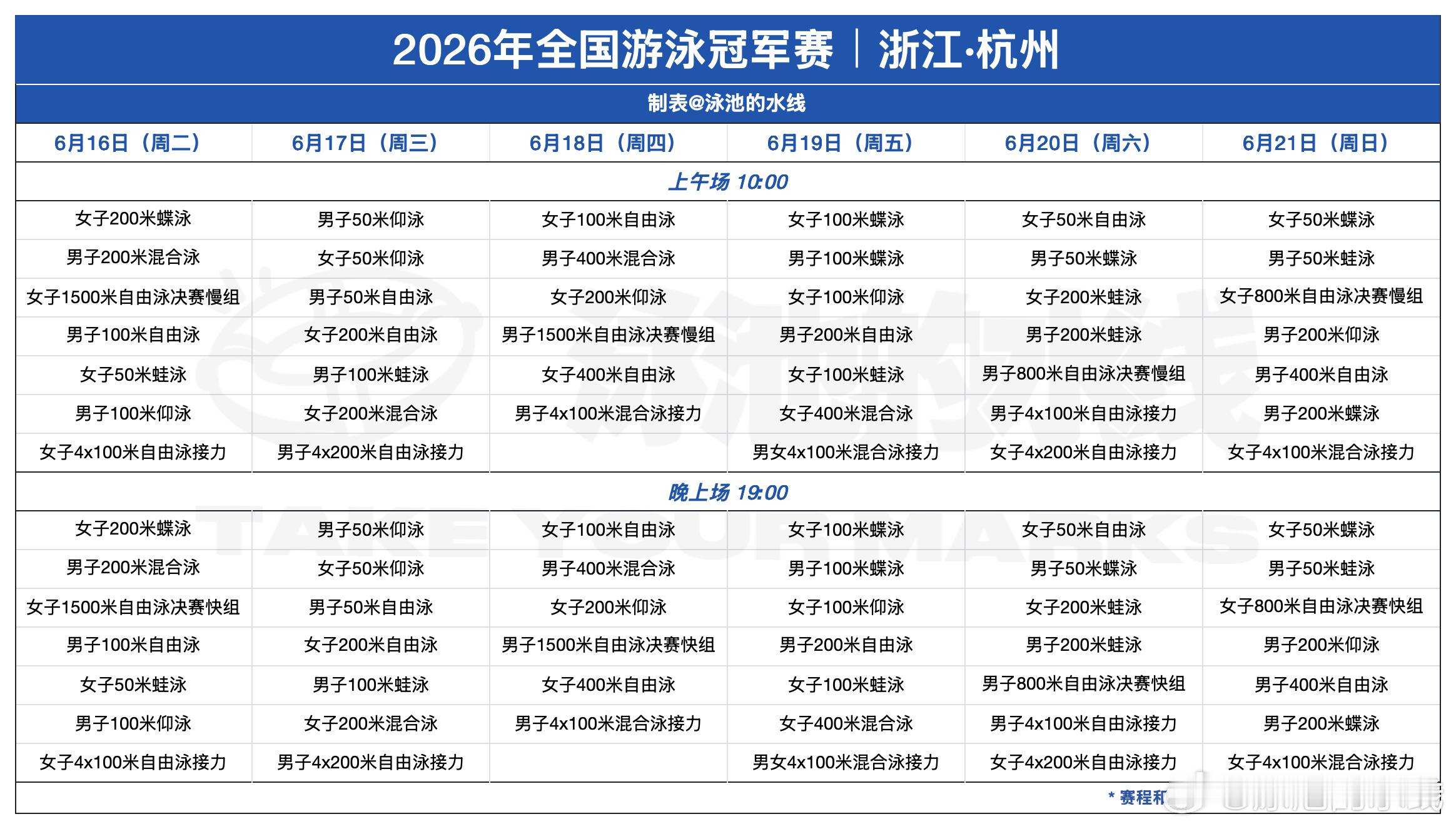 2026年全国游泳冠军赛比赛时间：2026.06.16-2026.06.21比赛