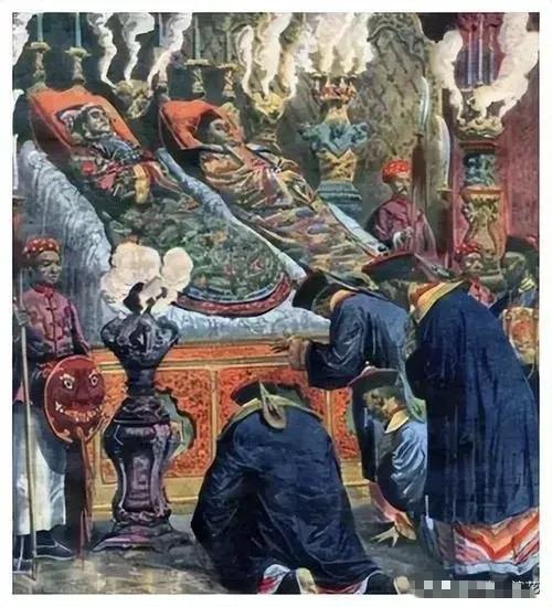 这是1908年11月14日，北京紫禁城，慈禧太后和光绪皇帝遗体摆放在长寿宫内让西