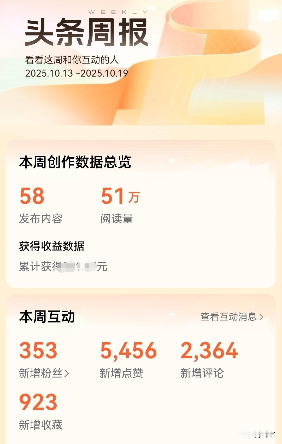 上周的头条周报数据来了，一共写了58篇，阅读量是51万，说不上好，也说不上不好，