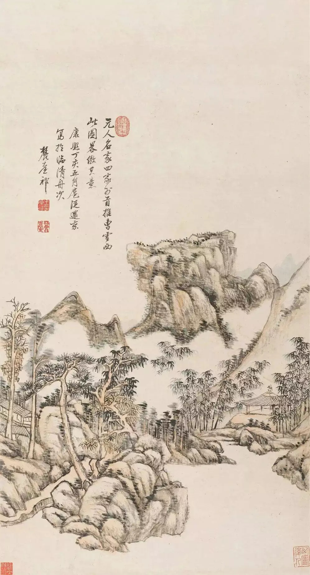 王原祁《云溪草堂》，设色纸本 86×46cm。款识：元人名家四家外首推曹云西，此