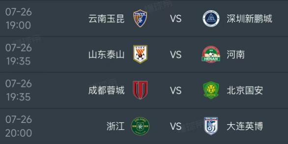北京时间7月26日，星期日，今日的中超第20轮安排了4场比赛，赛程和对阵如下：