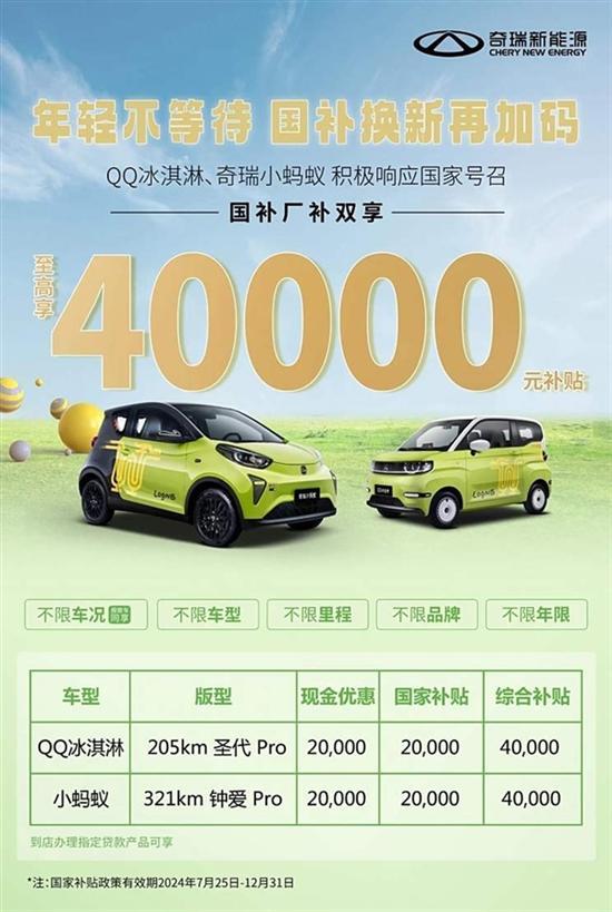 【奇瑞QQ冰淇淋/小蚂蚁部分车型可享4万补贴】奇瑞新能源宣布，奇瑞QQ冰淇淋和小