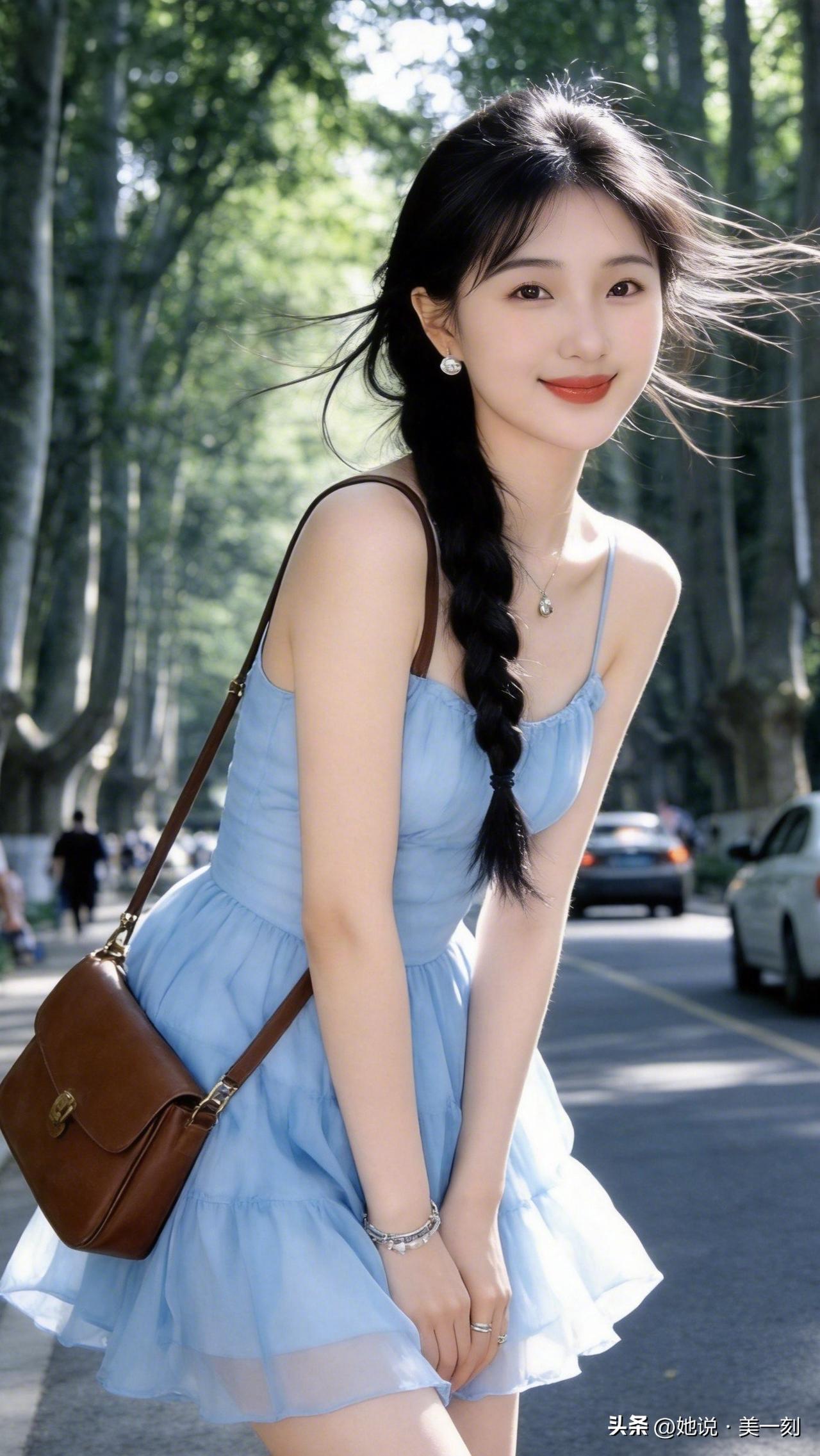 阳光下的蓝裙少女，甜美动人，笑靥如花。🌞💙😊清纯甜美的样子漂亮吗