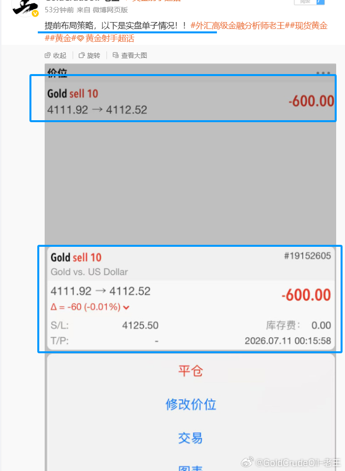 提前布局黄金4113位置空，现报4102位置已有110个点，稳出，减持！提前布局