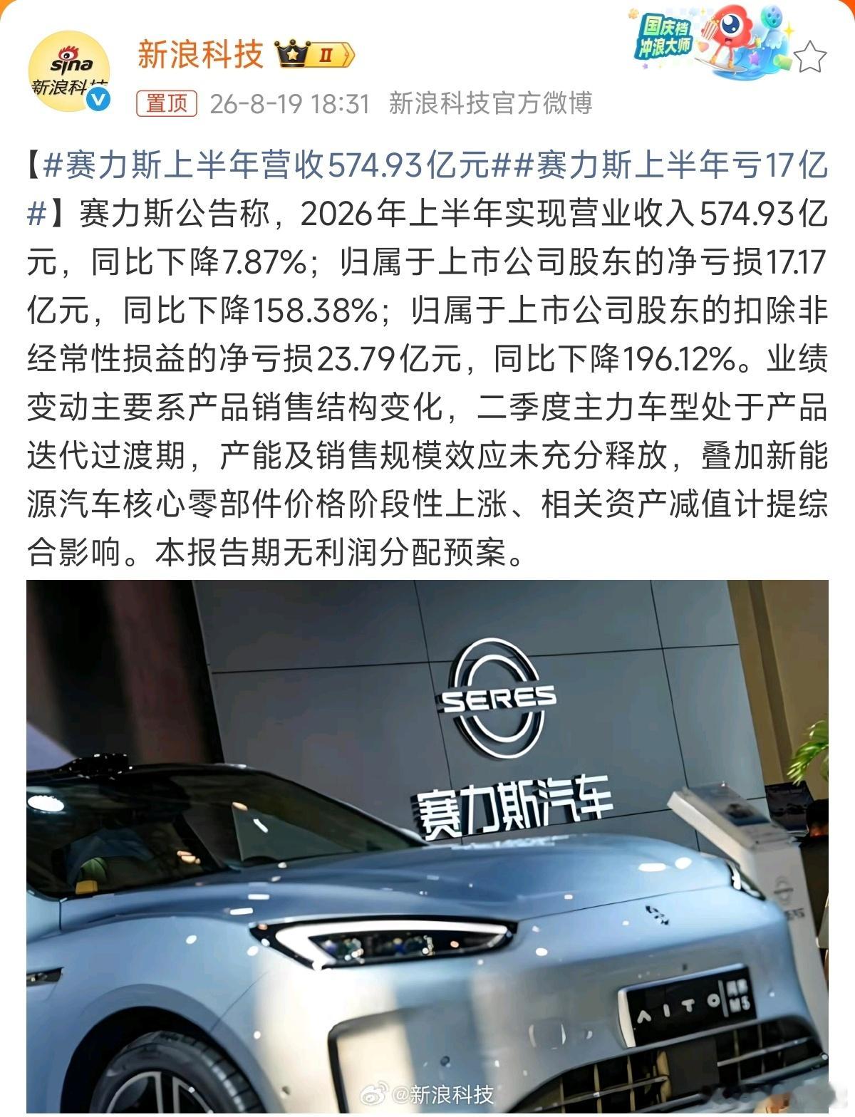 赛力斯上半年营收574.93亿元上半年营收574.93亿元，归属于上市公司股东的