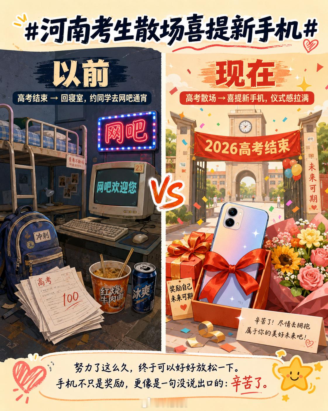 河南考生散场喜提新手机又是别人的孩子，我们当年高考结束是回寝室，然后和同学商量今