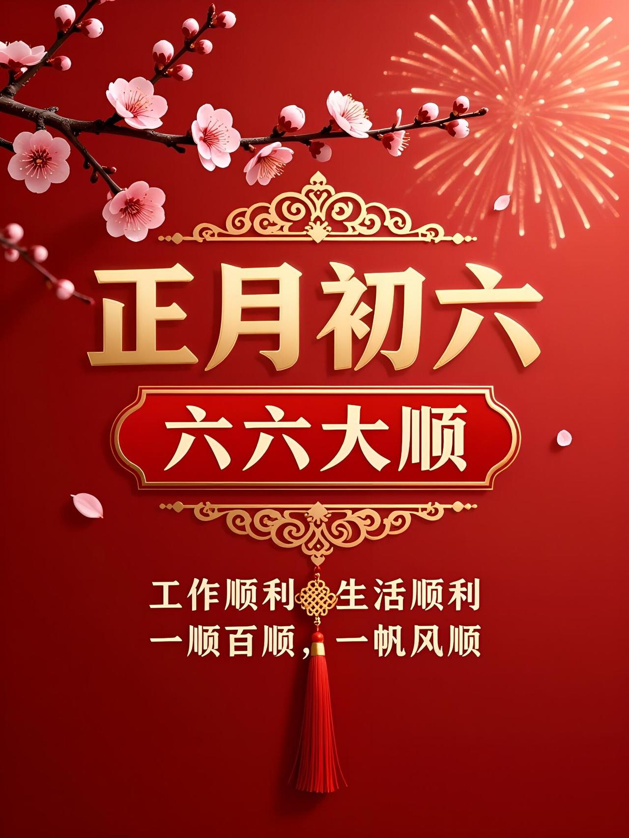 大年初六，六六大顺！祝你：一帆风顺路路通，二龙腾飞事业红，三阳开泰家宅旺，四季平