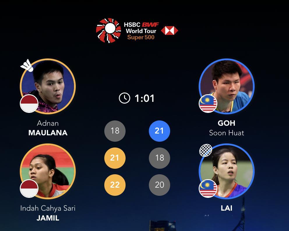 阿德南/贾米尔🇮🇩 18-21、21-18、22-20 🇲🇾吴埙阀/赖洁