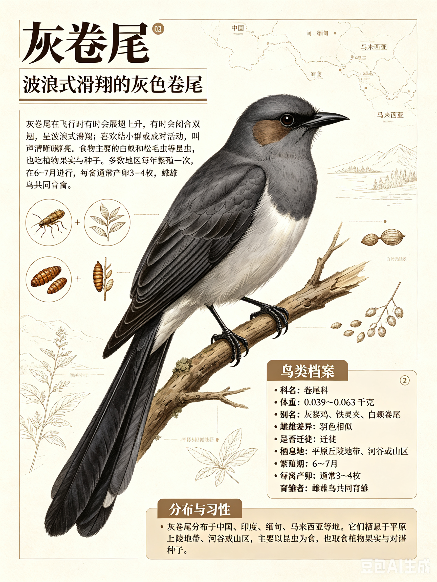 鸟类朋友图鉴  灰卷尾科名：卷尾科体重：0.039～0.063千克别名：灰黎鸡、