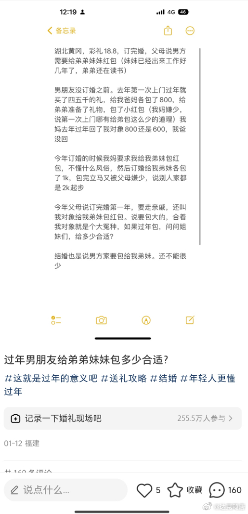 “过年男朋友给弟弟妹妹包多少合适？” 