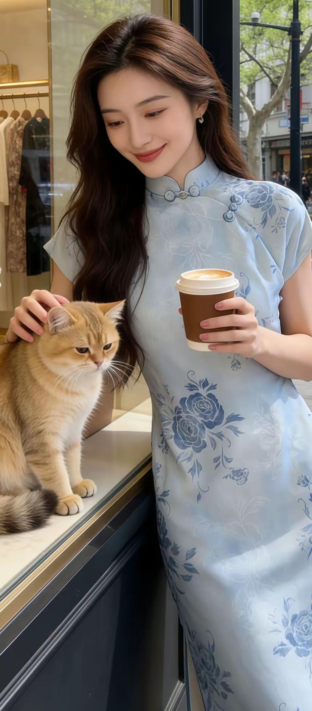 猫儿依人坐，茶香满心间。