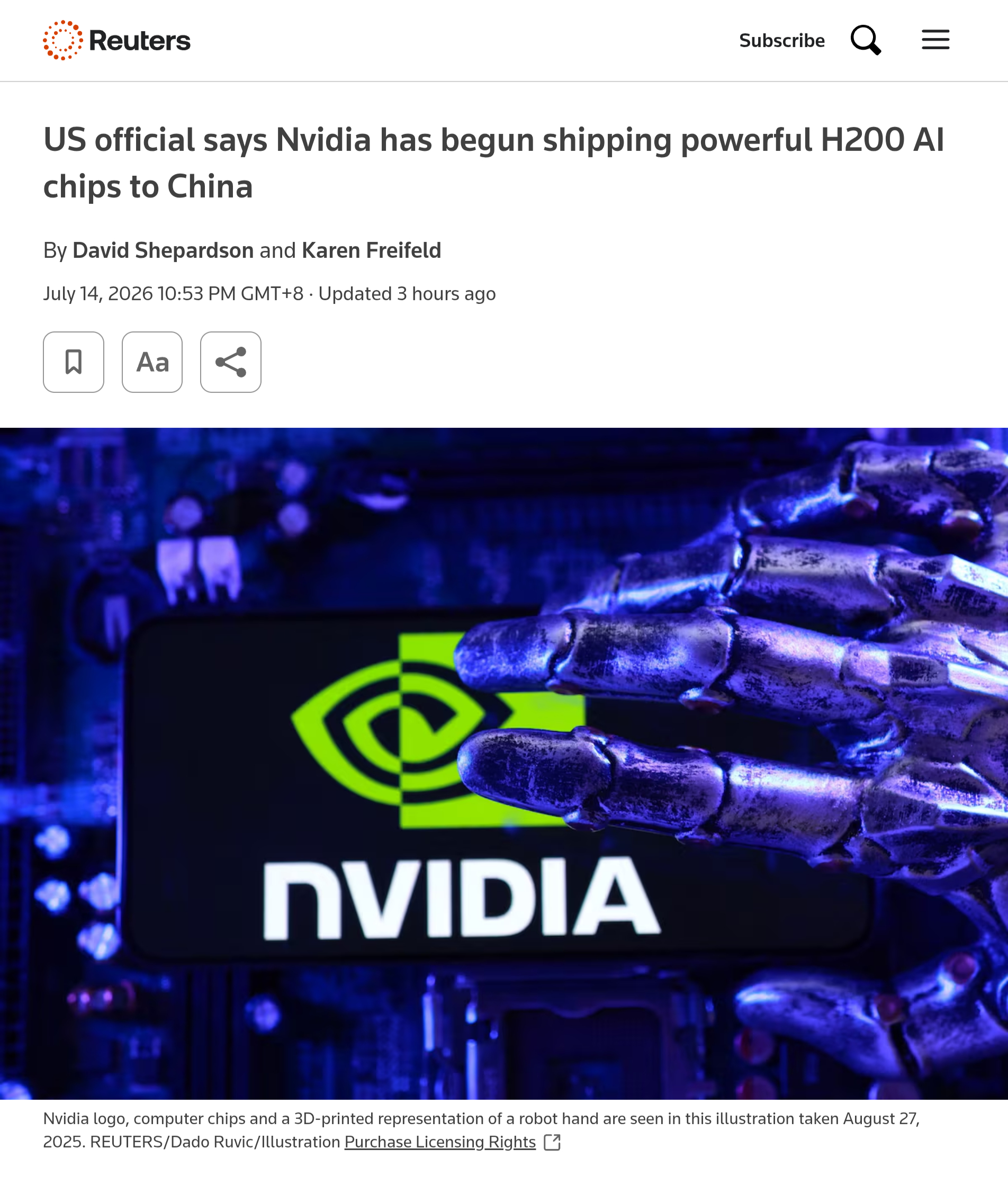 路透社报道，美国商务部负责工业与安全事务的副部长杰弗里·凯斯勒周二在众议院外交事