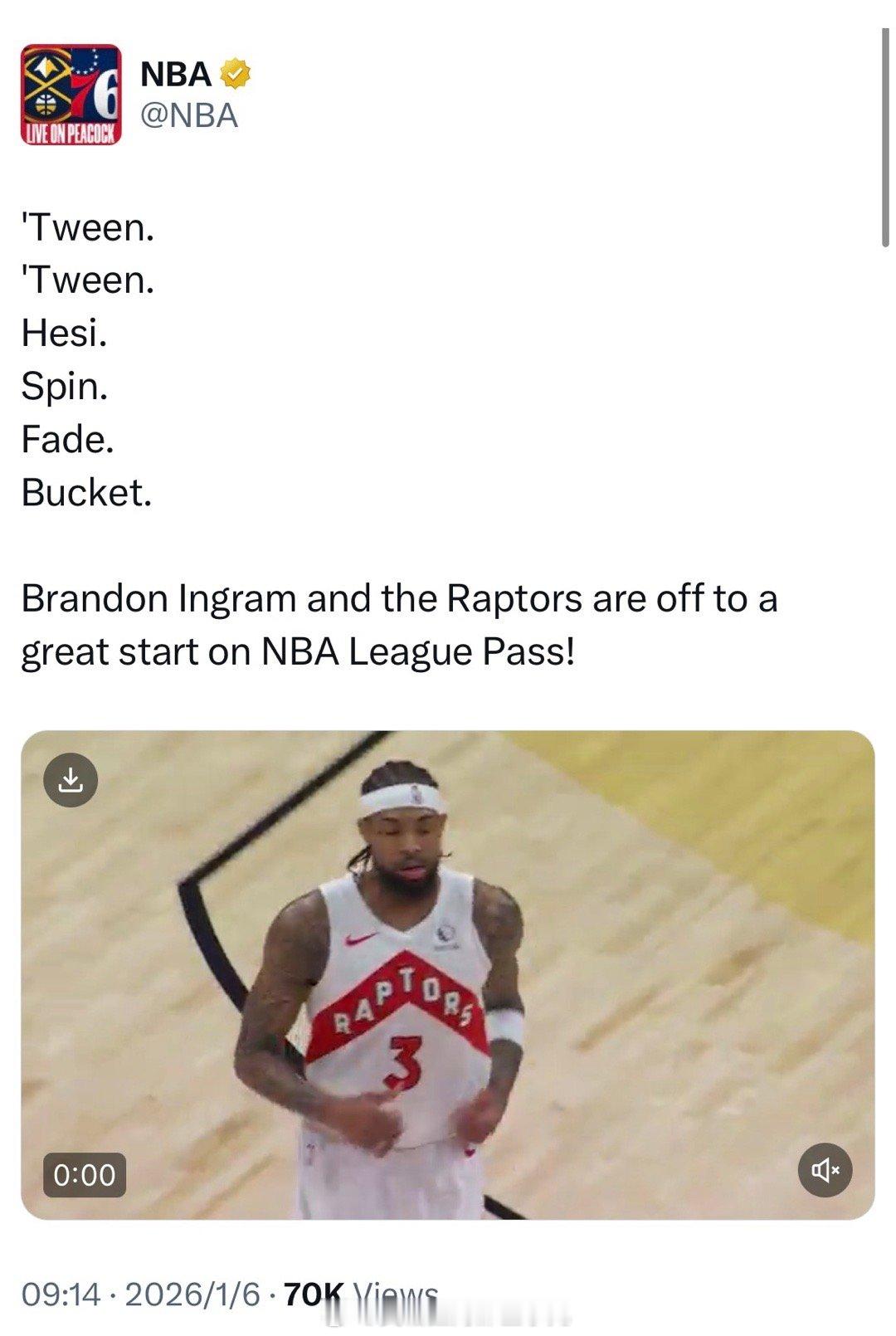 待遇真的不一样了，NBA官推又吹莺歌。英格拉姆