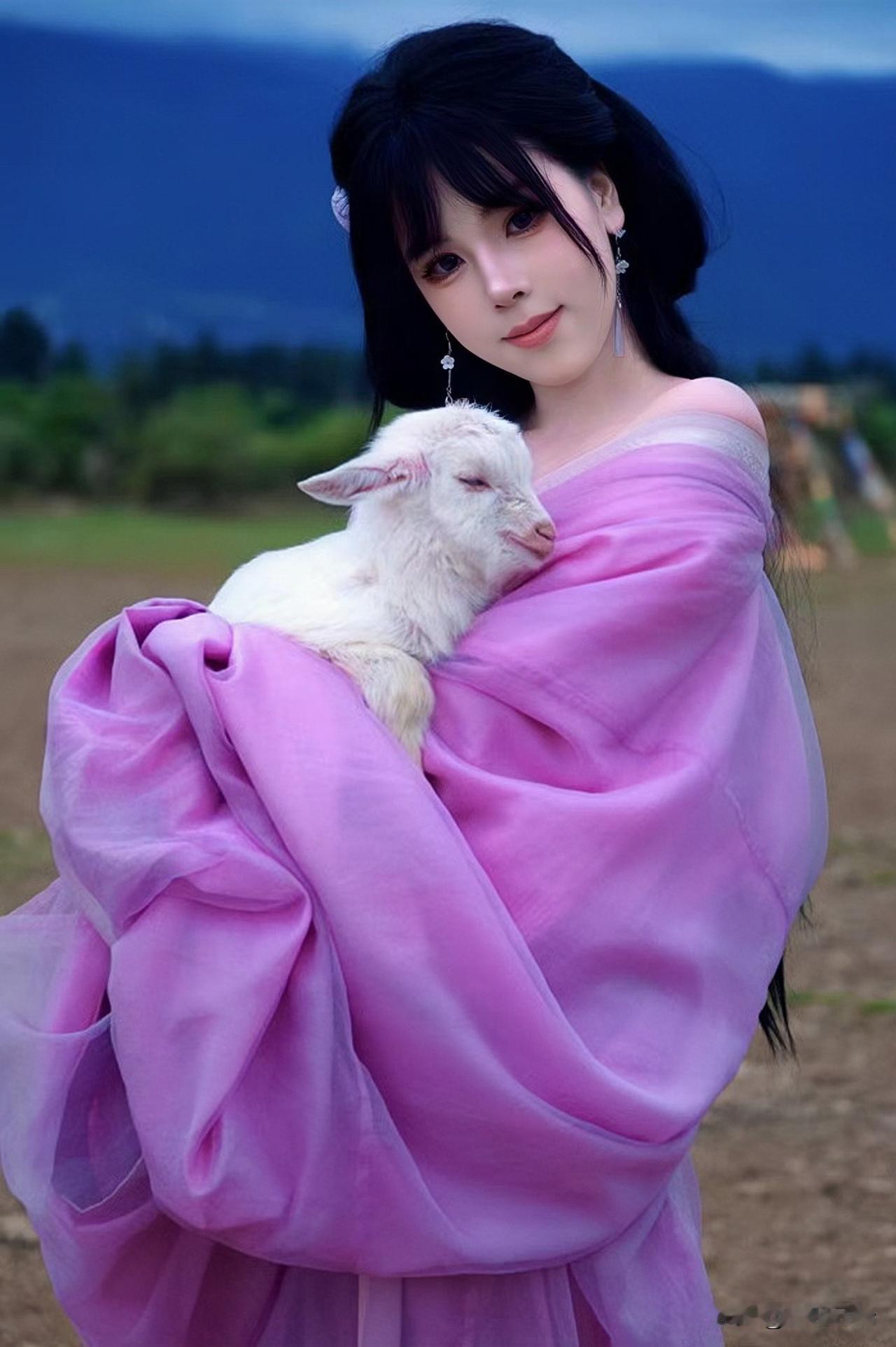 山野间，少女抱羊羔，心旷神怡。