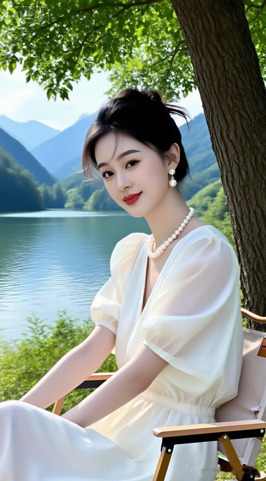 青山江河作远景，树荫之下，女子静坐椅上，一袭米白丝绸衣衫泛着柔和光泽，清风拂动衣