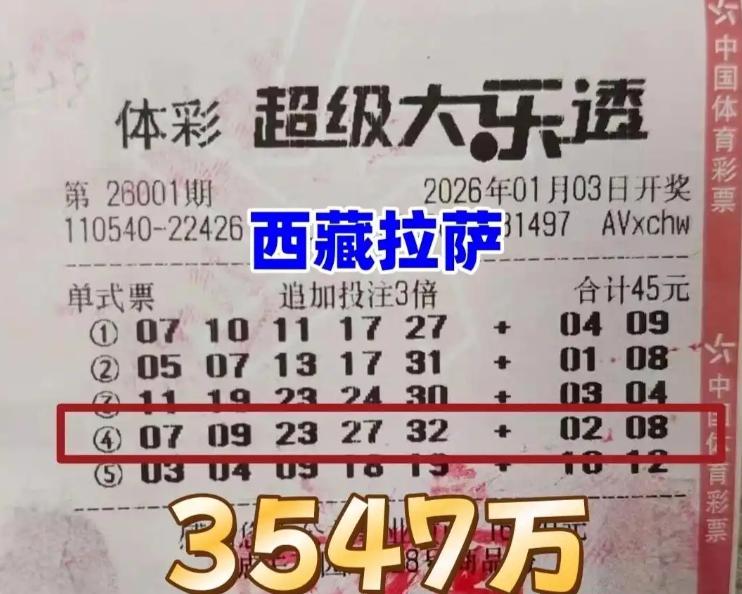3547万大奖票来啦！新年第一大奖出自西藏，彩友5注号码分别3倍追加其中倒数第二