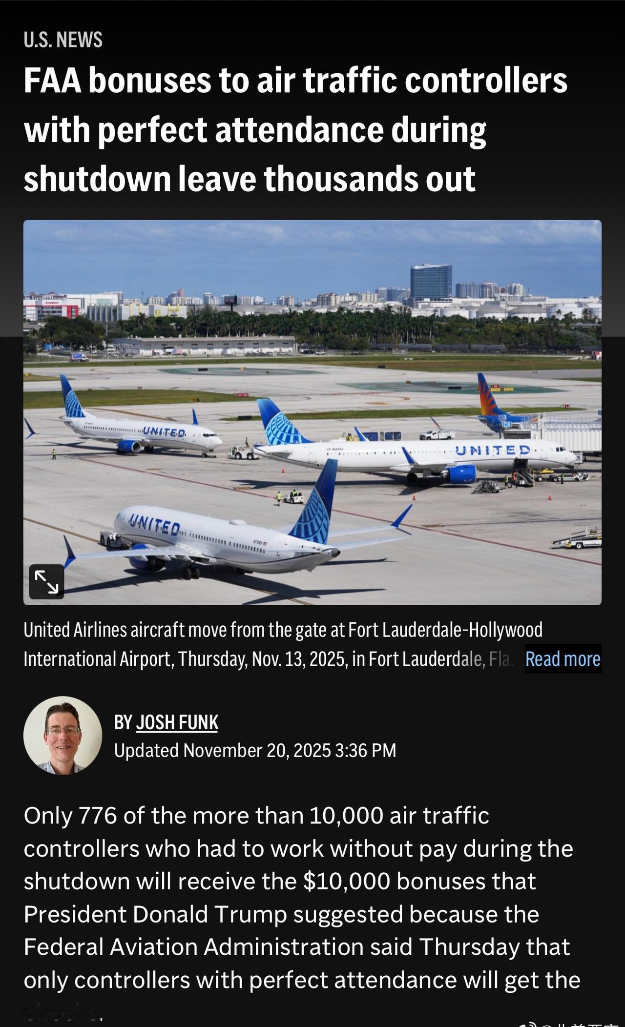 FAA：奖励1万美金给全勤空管
美国联邦空管局FAA宣布，将给予在政府关门时依然