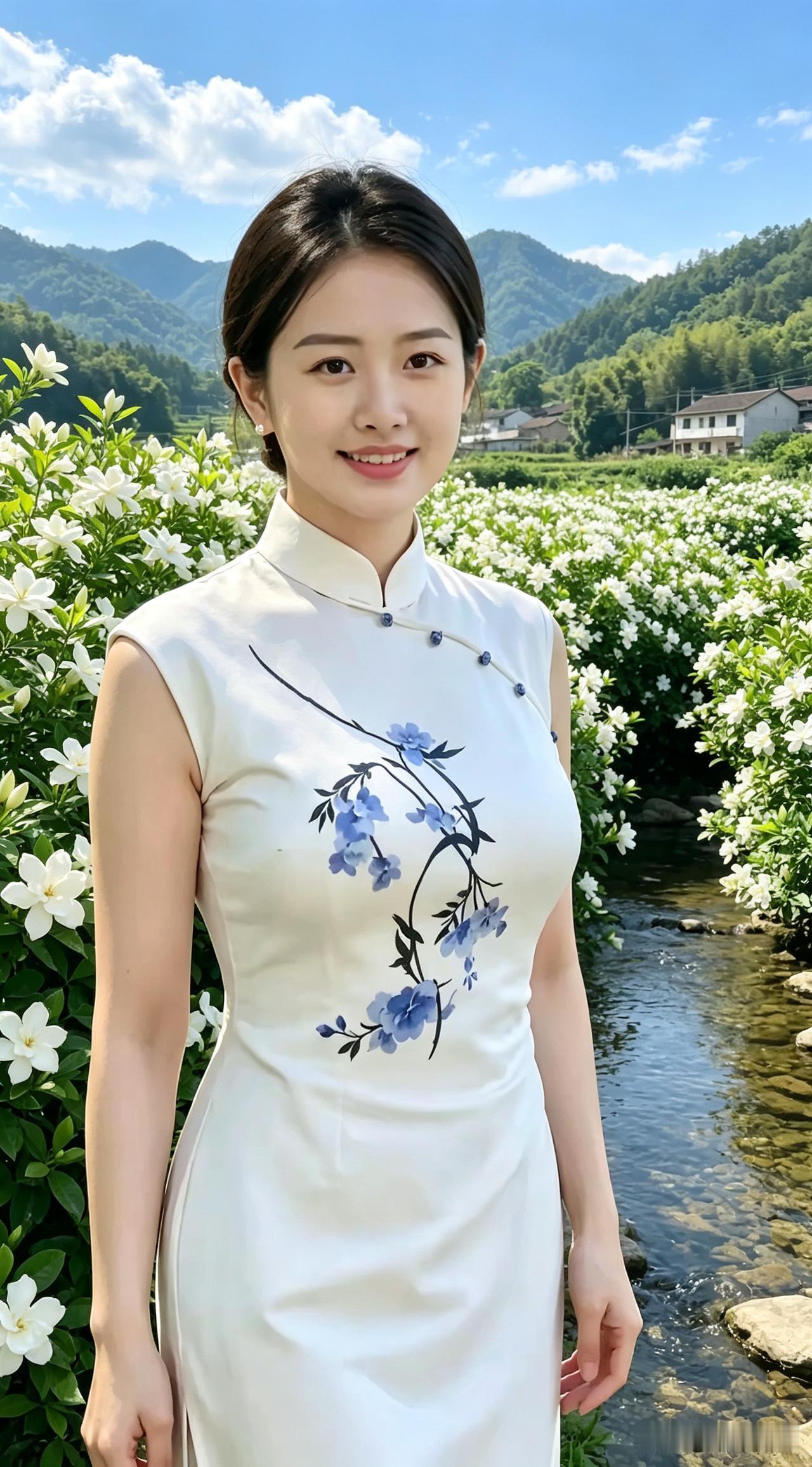 山间栀子花盛开，清溪绕花田，古村藏在青山之下
 
田垄之间开满成片洁白栀子花，肥