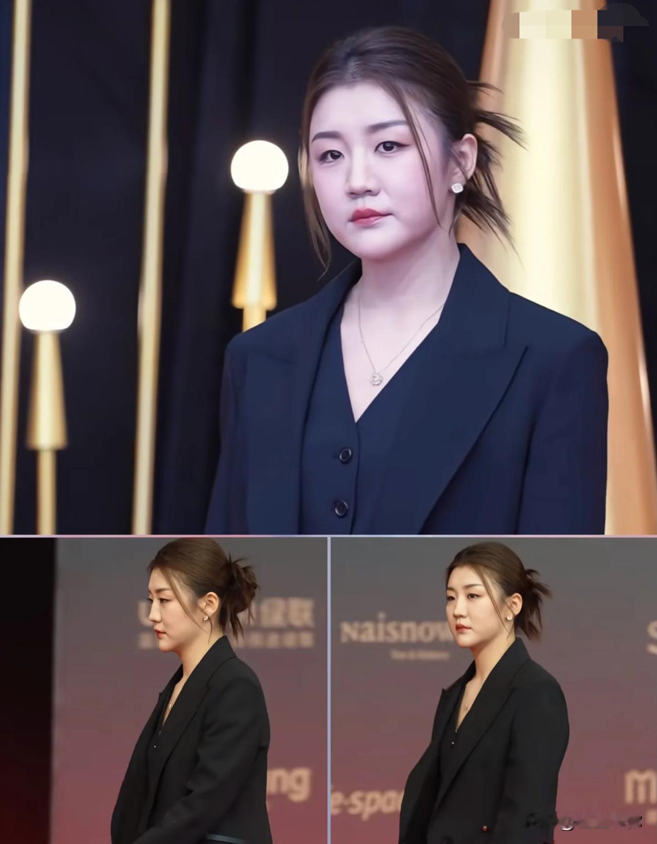 不得不承认，陈梦是女乒队员里形象上最有女人味的一位了。穿上全黑套装还真的是一副反