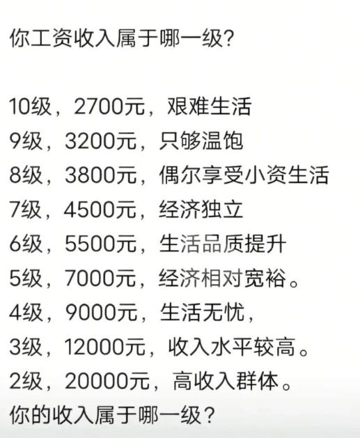 这个收入水平应该是没有房贷没有孩子的情况下吧？你的收入属于哪一级？你的收入属于哪