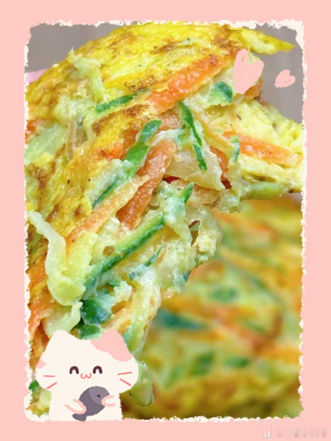 早餐，鸡蛋青椒胡萝卜丝饼，三黑粥加桂圆。 