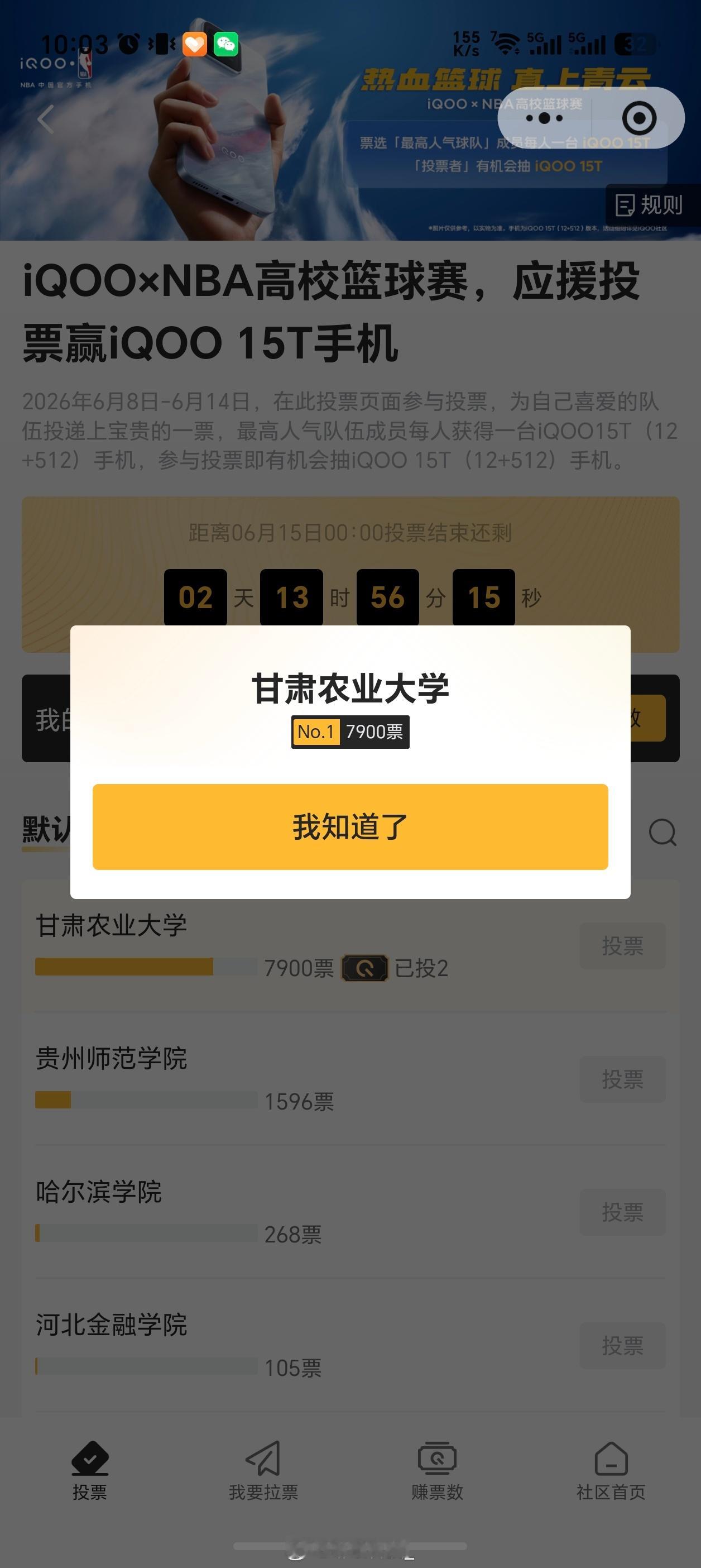 热血篮球直上青云 终于等到投票通道开启！果断给甘肃农业大学投上两票！看着7900