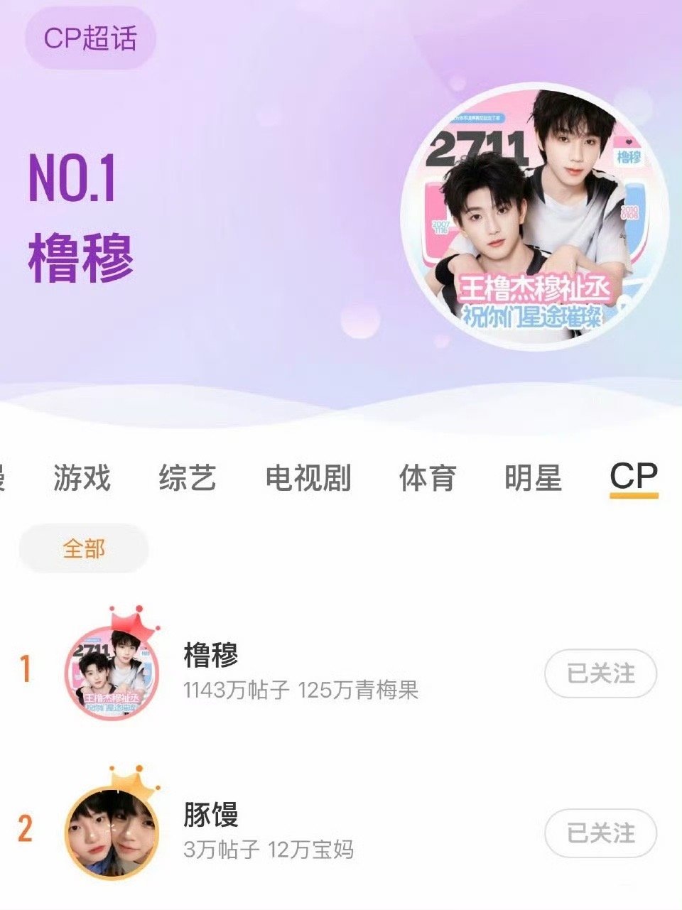 橹穆、豚馒这就霸榜cp榜单一、二了 ，第一第二我们都要了，还是大断层豚馒