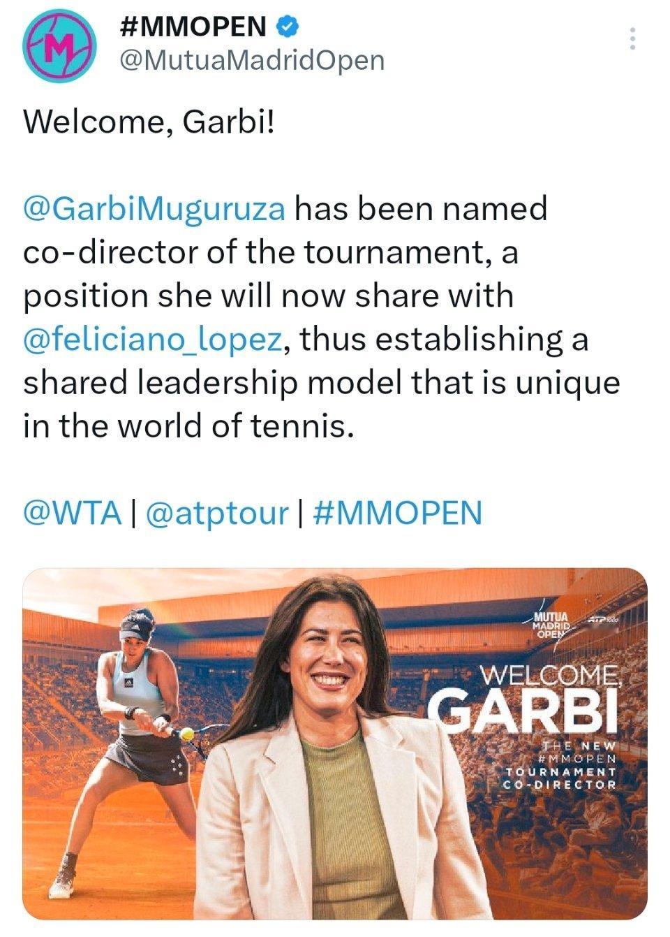 穆古鲁扎将出任马德里站联合赛事总监 WTA1000