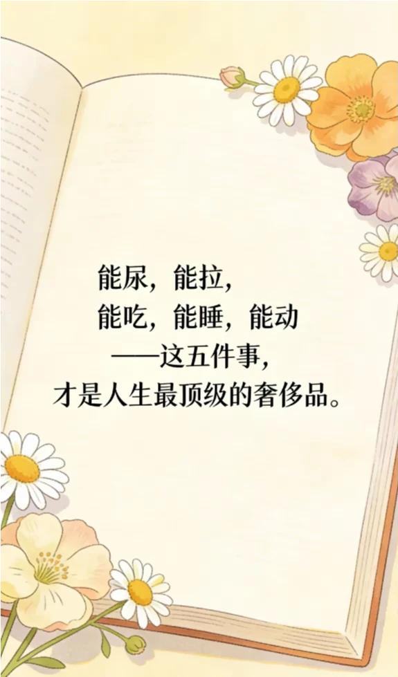 人生五件顶级奢侈品：能尿、能拉、能吃、能睡、能动。
钱再多，不如健康重要，这句话