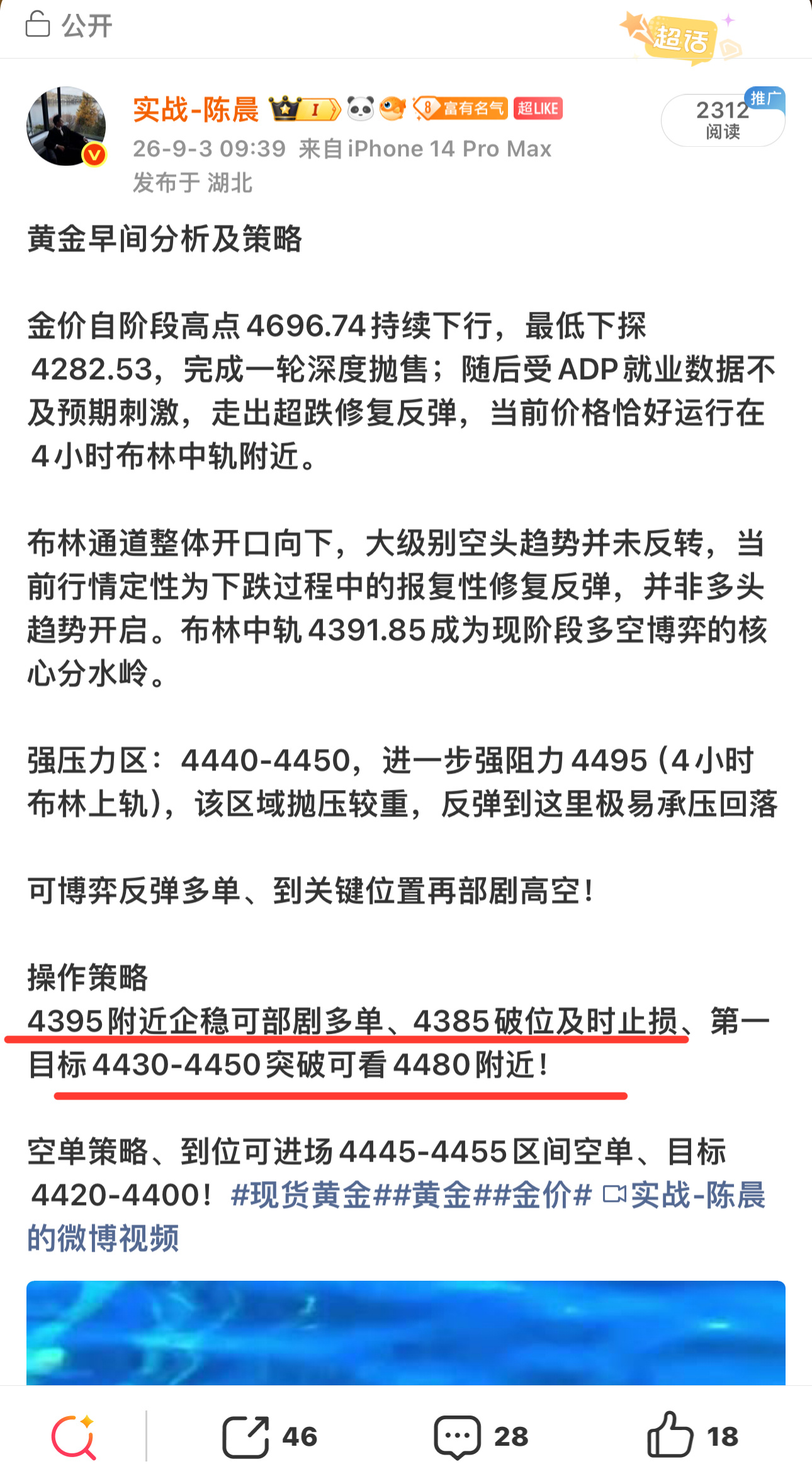 陈晨早间部剧多单、4395附近企稳一线多、昨晚也就反复提示、ADP数据出来、多头
