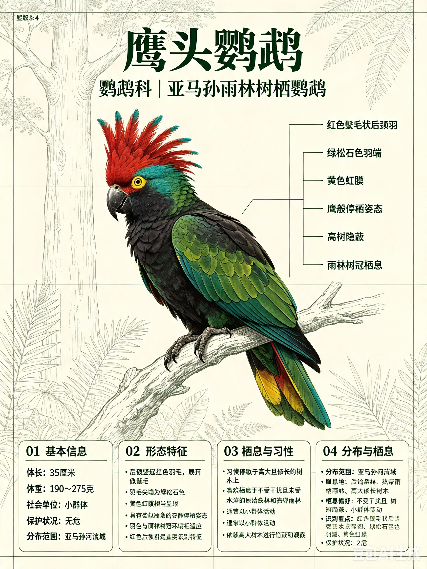 鸟类朋友图鉴 鹰头鹦鹉体长：35 厘米体重：190~275 克社会单位：小群体保