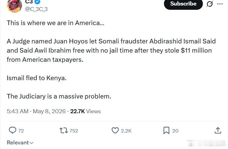 这就是如今美国的现状……一位名叫胡安·奥约斯的法官，在索马里诈骗犯阿卜迪拉希德·