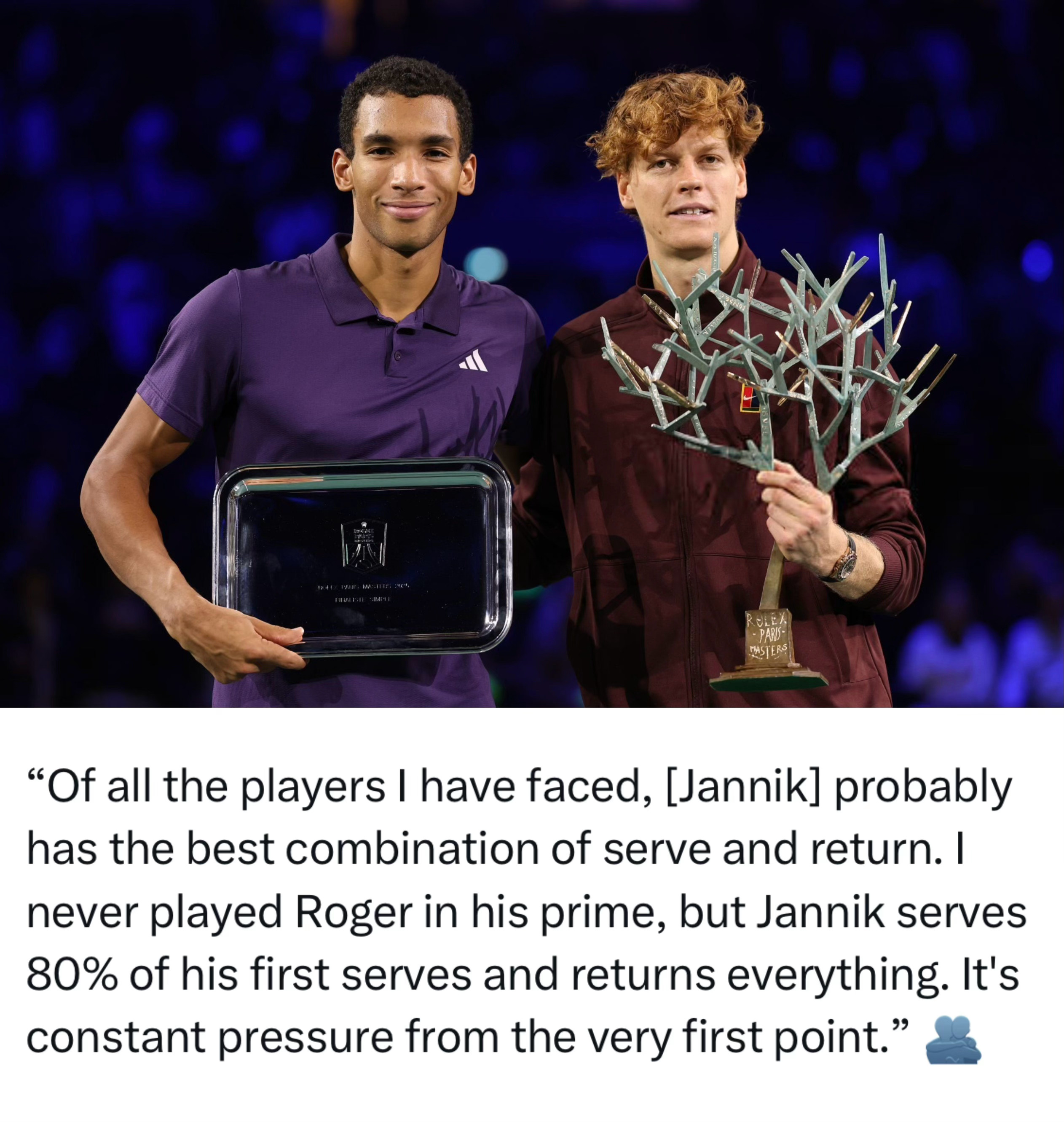 巴黎大师赛决赛+都灵总决赛首战，阿利亚西姆近期两场巡回连续遭遇赛辛纳，4-6，6