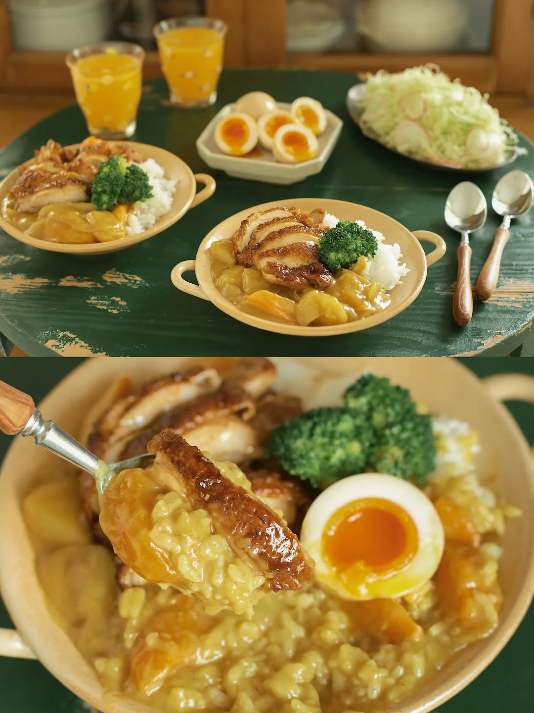 软嫩多汁的溏心蛋煎鸡腿咖喱饭。