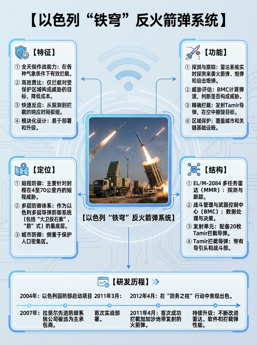 全球武器装备盘点 以色列“铁穹”反火箭弹系统“铁穹”是以色列多层防空体系中的近程