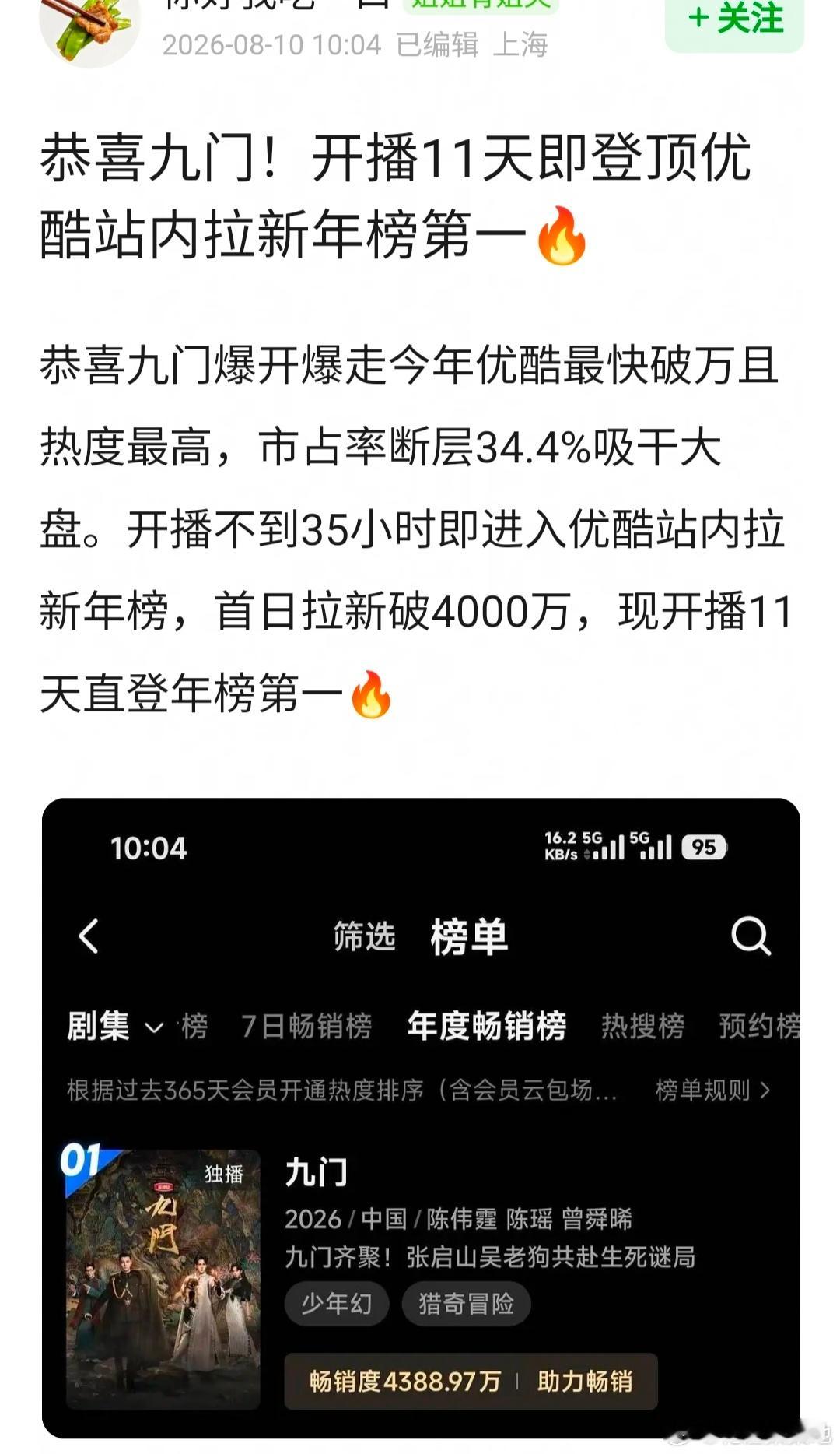 恭喜九门！开播11天即登顶优酷站内拉新年榜第一🔥，曾舜晞粉丝10w☁️包场助力