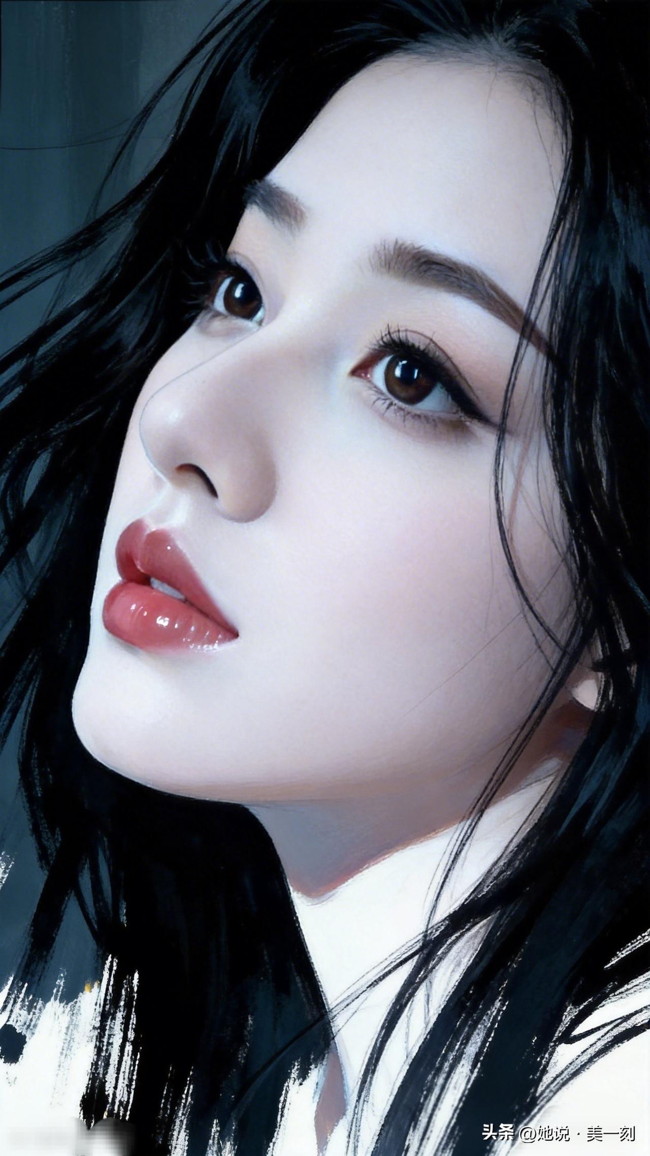 梦幻少女，黑发红唇，唯美艺术风