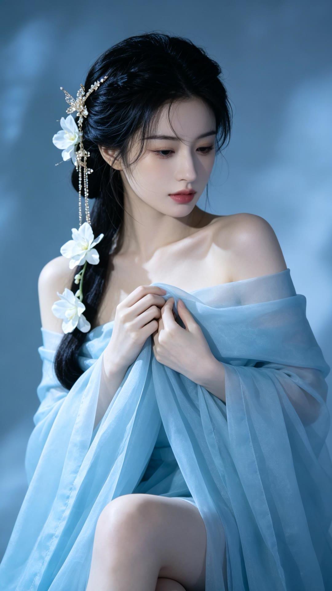 梦幻蓝裙仙女，花饰点缀，温柔优雅