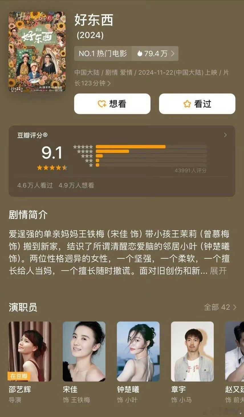 好东西豆瓣开分9.1 好东西就是这么好，没看过的真心推荐去影院看看！ 