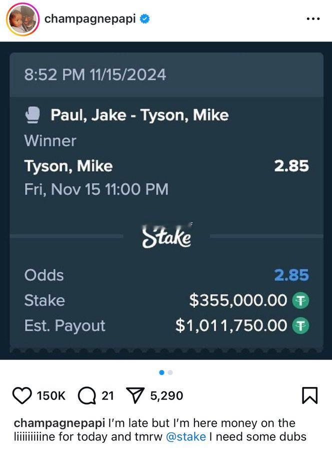 泰森vs杰克保罗  公鸭Drake下注 35.5 万美元，赌迈克-泰森Mike 