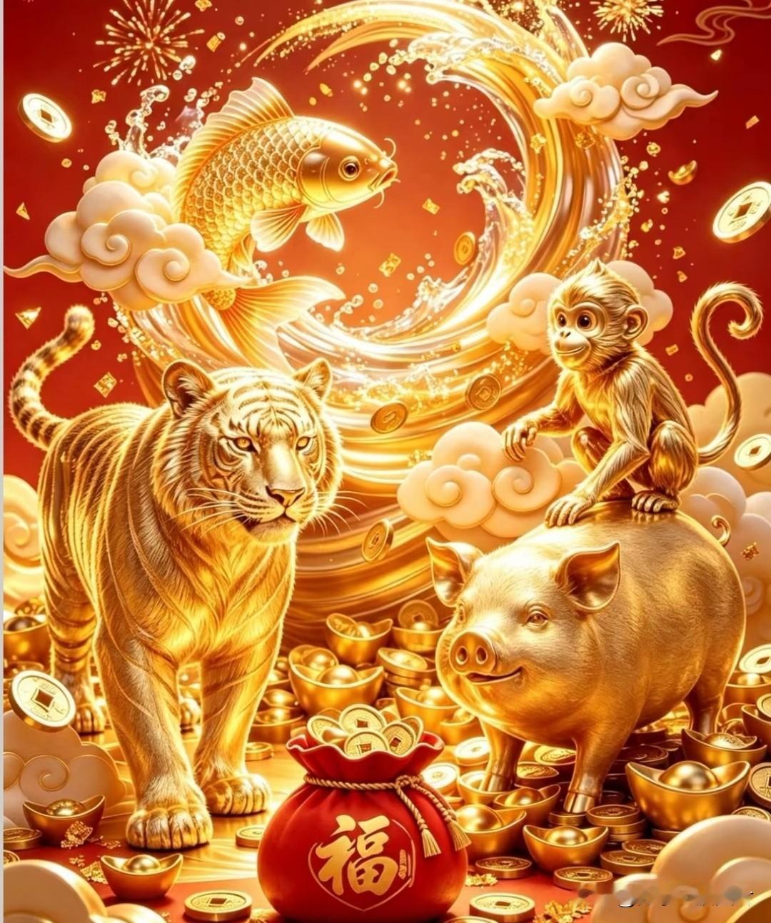 金虎守福财源广，
灵猴纳运富贵长。