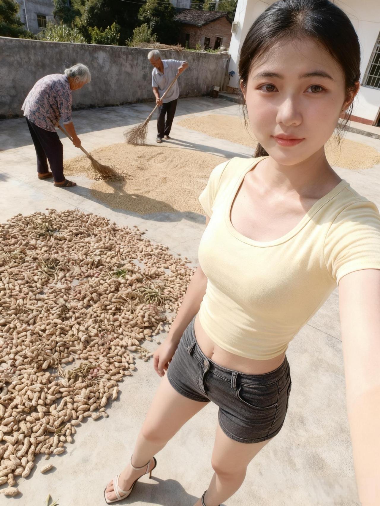 日晒豆儿香，劳作乐无疆。
长者体健康，少女自发光！