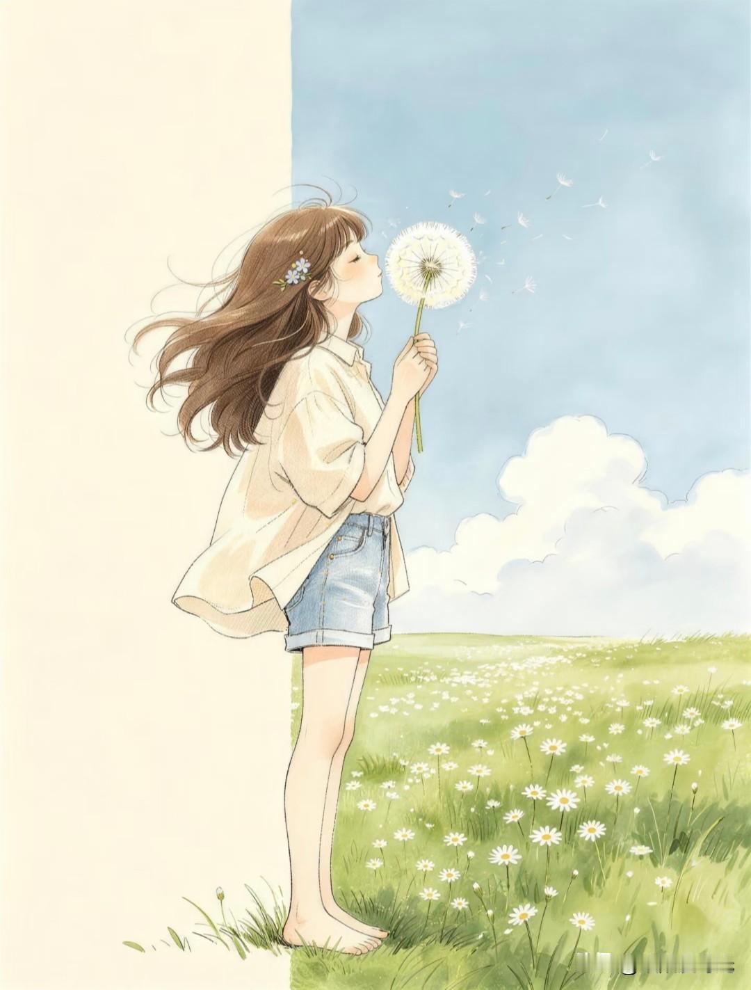 风携蒲公英远游，少年心事散落山野与海边。
一杯遇见治愈系少女头像插画分享